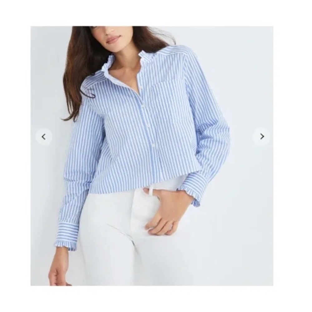 Veronica Beard Bluebell Stripe Ruffle Whitman Shirt Blouse Blue and White - Picture 2 of 9